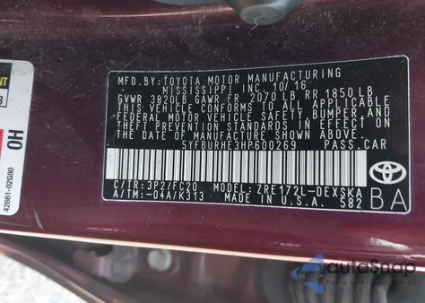 2017 Toyota Corolla Se Special Edition from USA, damaged, VIN 5YFBURHE3HP600269